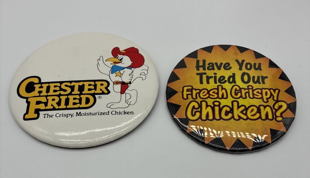 Chester Fried Chicken fast food restaurant promo ad pin button Vintage Lot Of 2